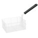 A wire basket for a Waring countertop fryer with a black handle.