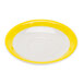 A yellow and white saucer with a round edge.