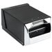 A black and silver San Jamar countertop napkin dispenser with a lid.