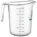 A clear WebstaurantStore plastic measuring cup with a handle and measuring line.