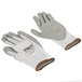 A pair of Cordova high performance cut resistant gloves with white and grey palms on a white background.