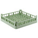 A light green Vollrath dish rack with four short extended open compartments.