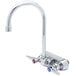 A T&S chrome wall mount faucet with two faucets and a gooseneck spout.
