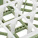 A close-up of a white and green plastic grid rack for glasses.