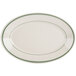 A white oval platter with green stripes.