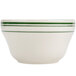 A white bowl with a green line around the rim.