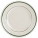 A white plate with green bands on the edge.
