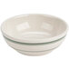 A white bowl with green stripes on the rim.