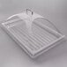 A clear polycarbonate tray with a clear plastic lid with a handle.