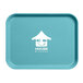 A green Cambro cafeteria tray with a logo of a house with a fork and spoon.