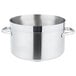 A close-up of a large silver Vollrath sauce pot with handles.