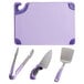 A close-up of a purple San Jamar Allergen-Free cutting board with a knife and tongs.
