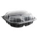 A 9" x 9" x 3" plastic microwaveable 3-compartment container with clear lids.