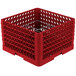 A red plastic Vollrath Plate Crate with metal wire racks.