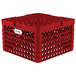 A red plastic Vollrath Traex Plate Crate with holes for 15 plates.