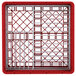A red plastic Vollrath Traex Plate Crate with silver metal bars.