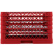 A red Vollrath Traex plate rack with 21 compartments.