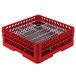 A red plastic Vollrath Traex plate rack with metal grates.