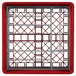 A red plastic Vollrath Traex plate crate with silver metal bars.