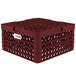A burgundy plastic Vollrath Traex Plate Crate with 12 compartments for plates.