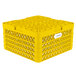 A yellow plastic Vollrath Plate Crate with white labels on the sides.