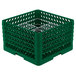 A green plastic Vollrath Traex Plate Crate with metal rods.