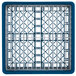 A blue metal grid with white metal dividers.