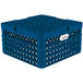 A blue plastic Vollrath Traex plate rack with 30 compartments.