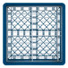 A blue metal grid with white bars inside a blue and silver frame.