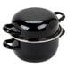A black Hendi enameled steel mussel pot with a lid and two handles.