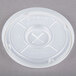 A white Dinex plastic lid with a straw slot and a cross in the center.