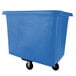A dark blue plastic container with wheels.