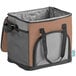 A brown and grey insulated cooler bag with a shoulder strap.