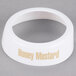 A white plastic Tablecraft salad dressing dispenser collar imprinted with beige lettering saying "honey mustard"