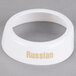 A white plastic Tablecraft salad dressing dispenser collar with beige lettering reading "Russian"