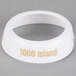 A white plastic Tablecraft salad dressing dispenser collar with beige lettering that says "100 island"