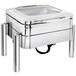An Eastern Tabletop stainless steel square chafer with a hinged glass dome lid on a silver pillar'd stand.
