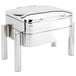 A silver stainless steel square chafer with a lid on a stand.
