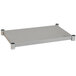 A silver rectangular metal undershelf with metal handles for an Eagle Group adjustable work table.