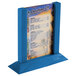 A Menu Solutions blue wood table tent with a menu on it.