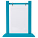 A sky blue wood table tent with a white border.
