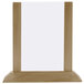 A brown antiqued wood table tent with a white border and white background.
