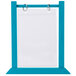 A white board with a sky blue wood frame holding white paper.
