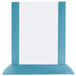 A sky blue wooden table tent with a white rectangular frame.