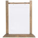 A brown wooden Menu Solutions table tent with a white paper insert.