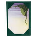 A rectangular green Menu Solutions table tent with a grapevine on it.