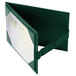 A green Menu Solutions table tent with white picture corners on a white background.