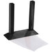 A black wood Menu Solutions table tent stand holding clear sheets of paper.