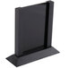 A black rectangular Menu Solutions table sign with a black wood base.