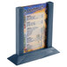 A blue wooden Menu Solutions table tent with a menu on it.